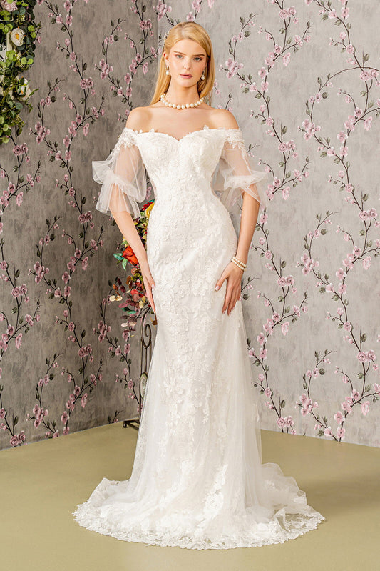 Floral Embroidery Bead Sheer Sleeves Mesh Mermaid Long Wedding Dress GLGL3479-0