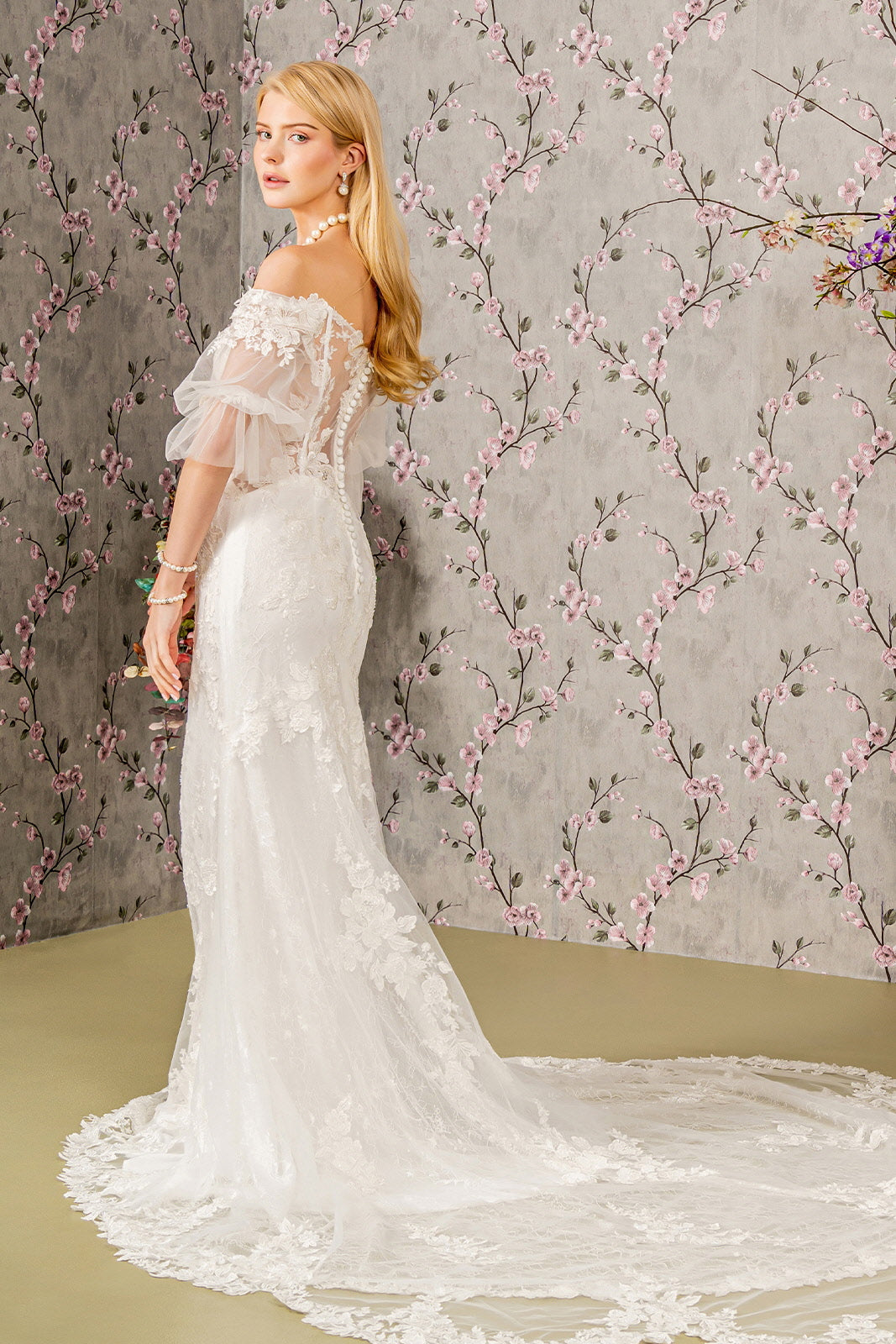 Floral Embroidery Bead Sheer Sleeves Mesh Mermaid Long Wedding Dress GLGL3479-1