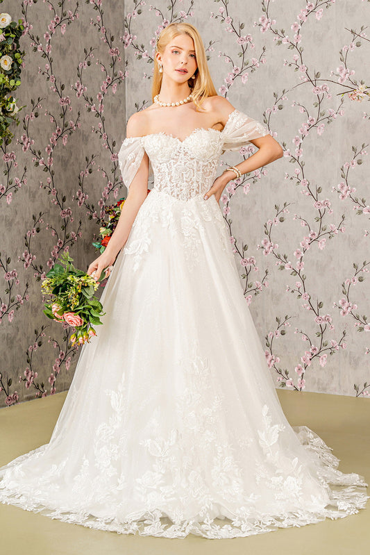 Floral Embroidery Sheer Bodice Mesh A-line Long Wedding Dress GLGL3480-0