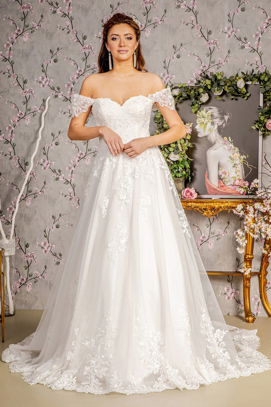 Jewel Embroidery Off Shoulder Mesh A-line Long Wedding Dress GLGL3481-0