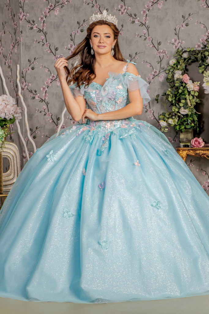 3-D Butterfly Jewel Glitter Ruffled Sweetheart Mesh Ball Gown-6