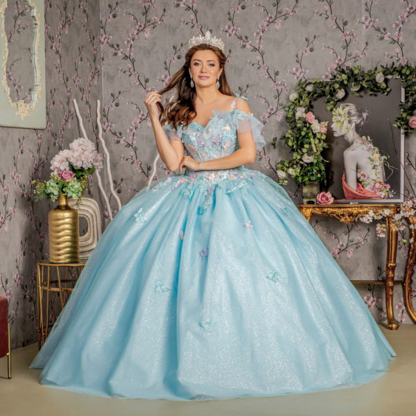 3-D Butterfly Jewel Glitter Ruffled Sweetheart Mesh Ball Gown-7