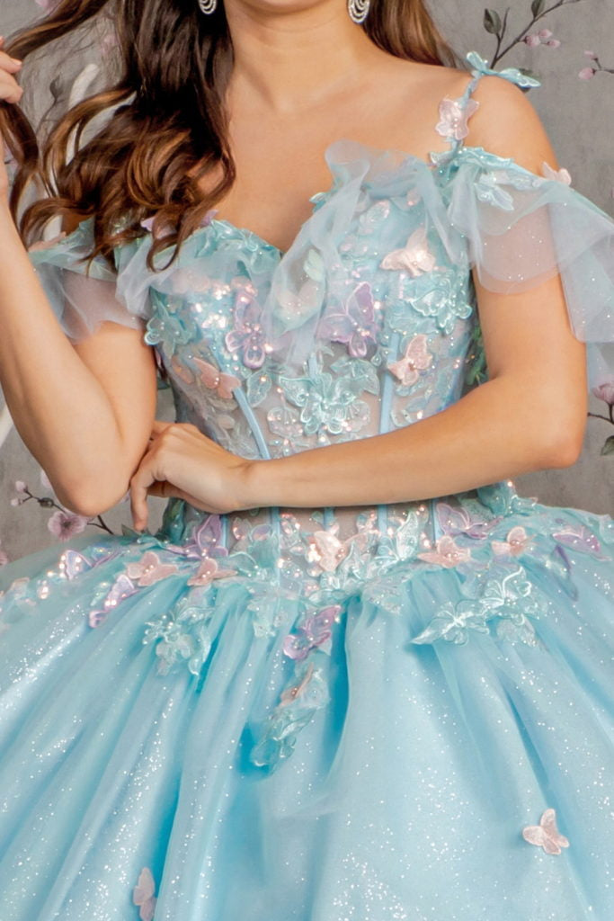3-D Butterfly Jewel Glitter Ruffled Sweetheart Mesh Ball Gown-8