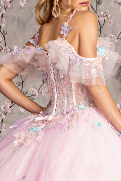 3-D Butterfly Jewel Glitter Ruffled Sweetheart Mesh Ball Gown-5