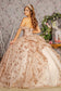 Metallic 3-D Flower Off Shoulder Mesh Ball Gown w/ Ruffled Back-1