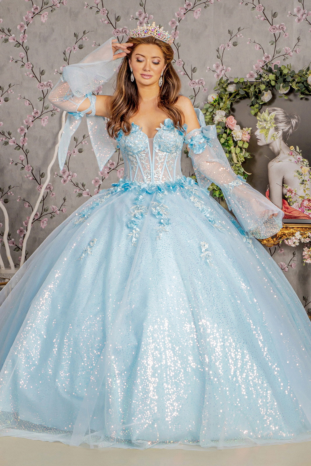 3-D Flower Jewel Sheer Bodice Mesh Ball Gown w/ Long Sleeves-9