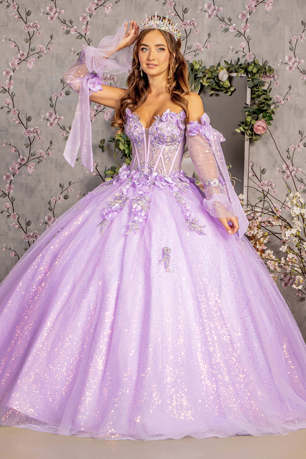 3-D Flower Jewel Sheer Bodice Mesh Ball Gown w/ Long Sleeves-6