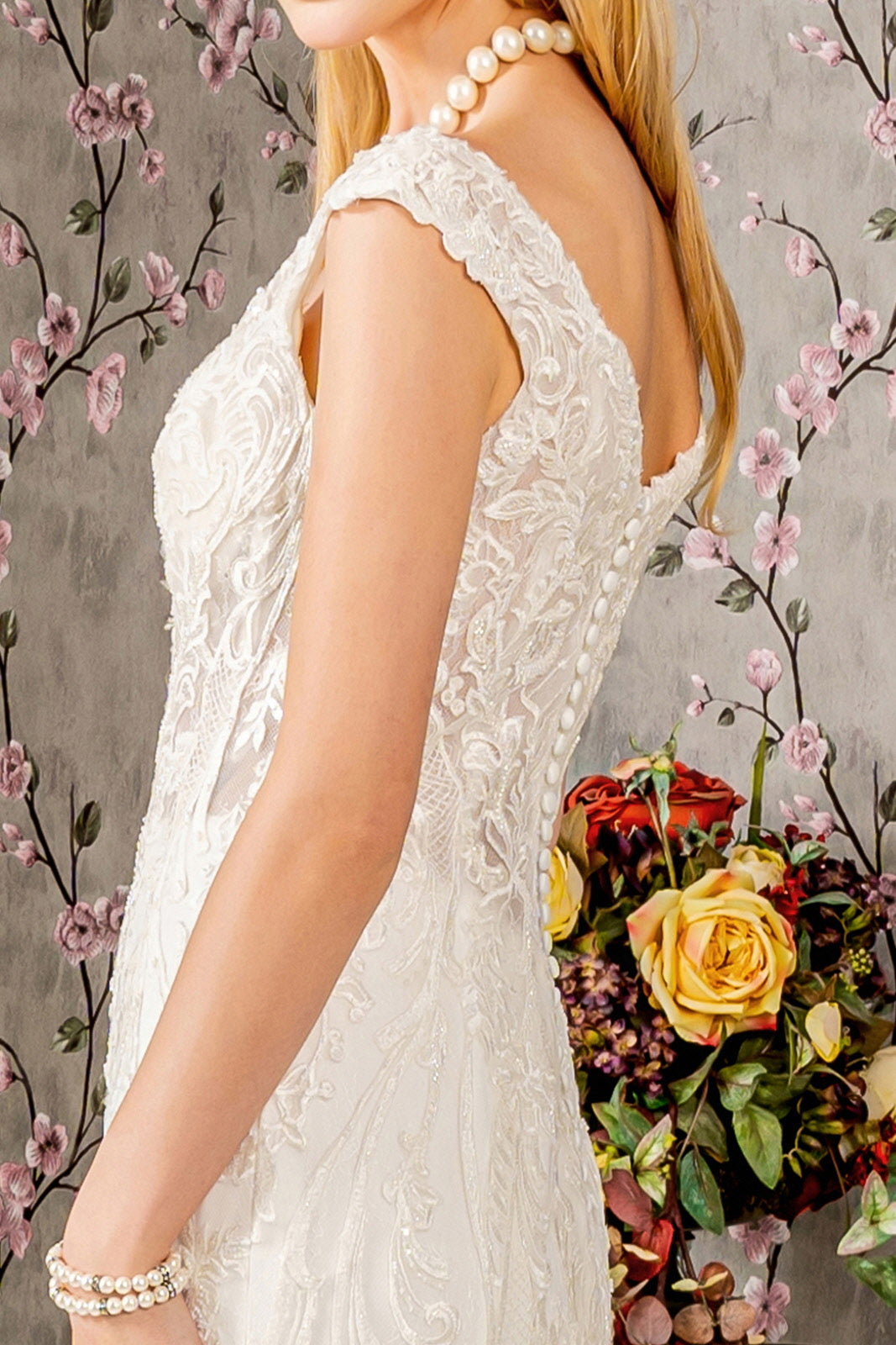 Jewel Embroidery Sheer Bodice Mesh Trumpet Long Wedding Dress GLGL3490-3
