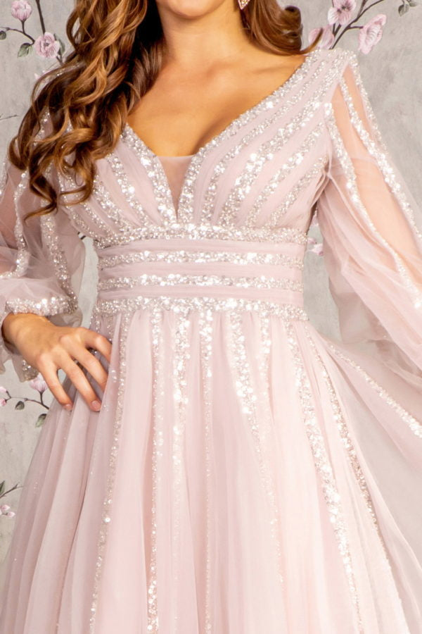 Bead Sequin Mesh A-line Long Dress w/ Sheer Puff Sleeves-5