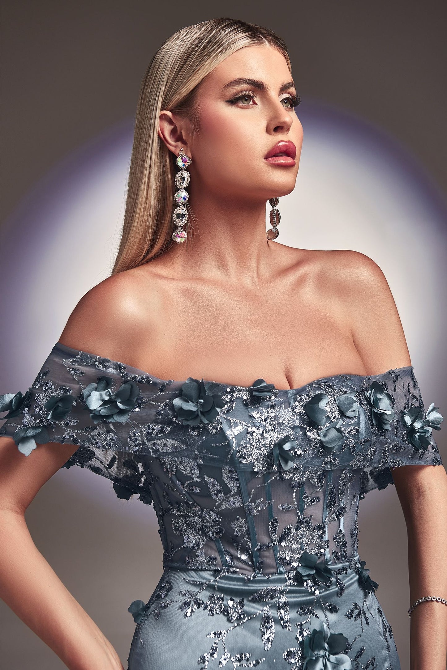 Floral Print Fitted 3D Applique Vintage Sheer off the shoulder Embellished Bodice Evening Cute Ball Prom & Bridesmaid Dress CDJ832-2