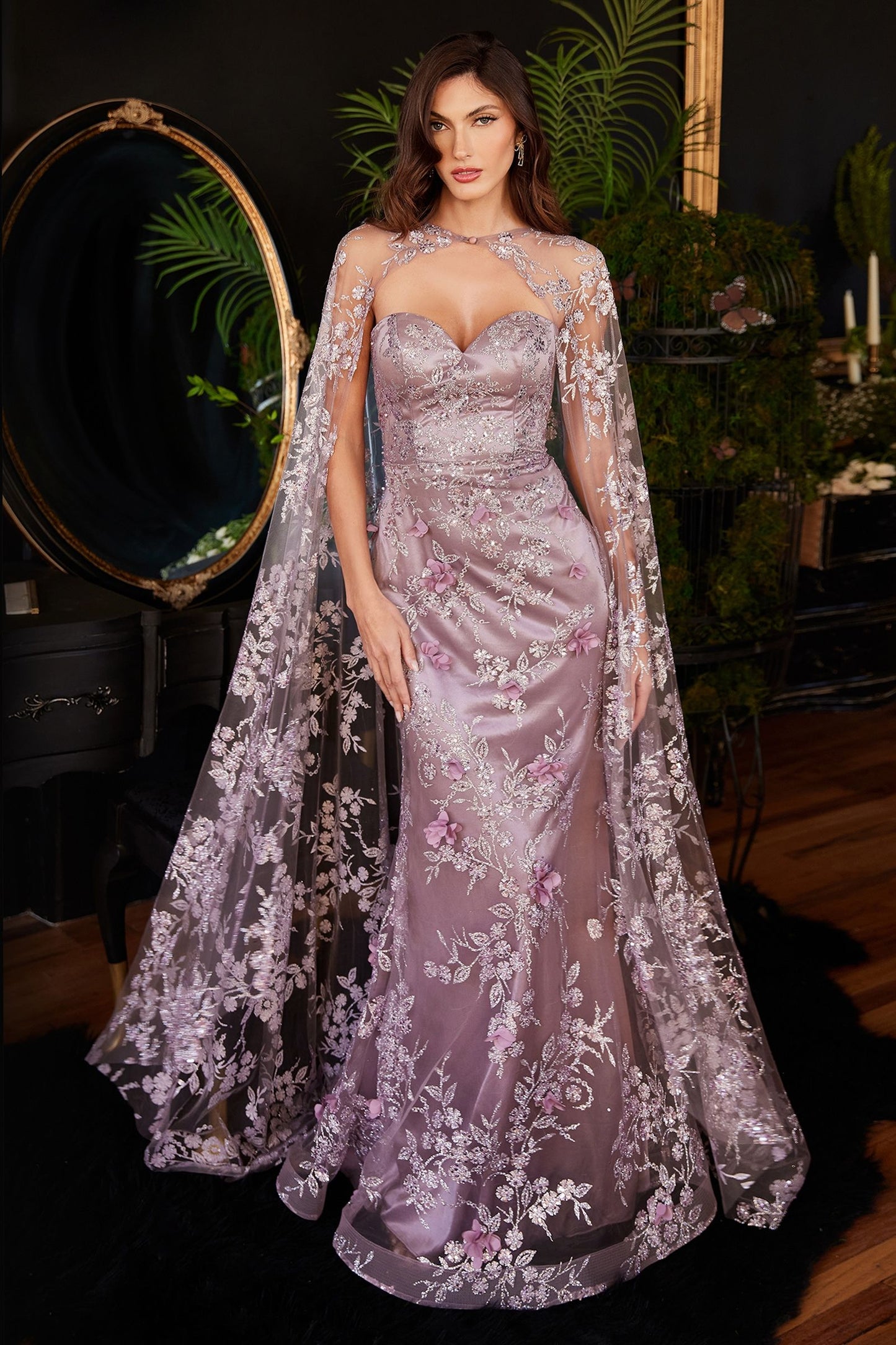 Strapless Fitted Gown With Lace Cape-3