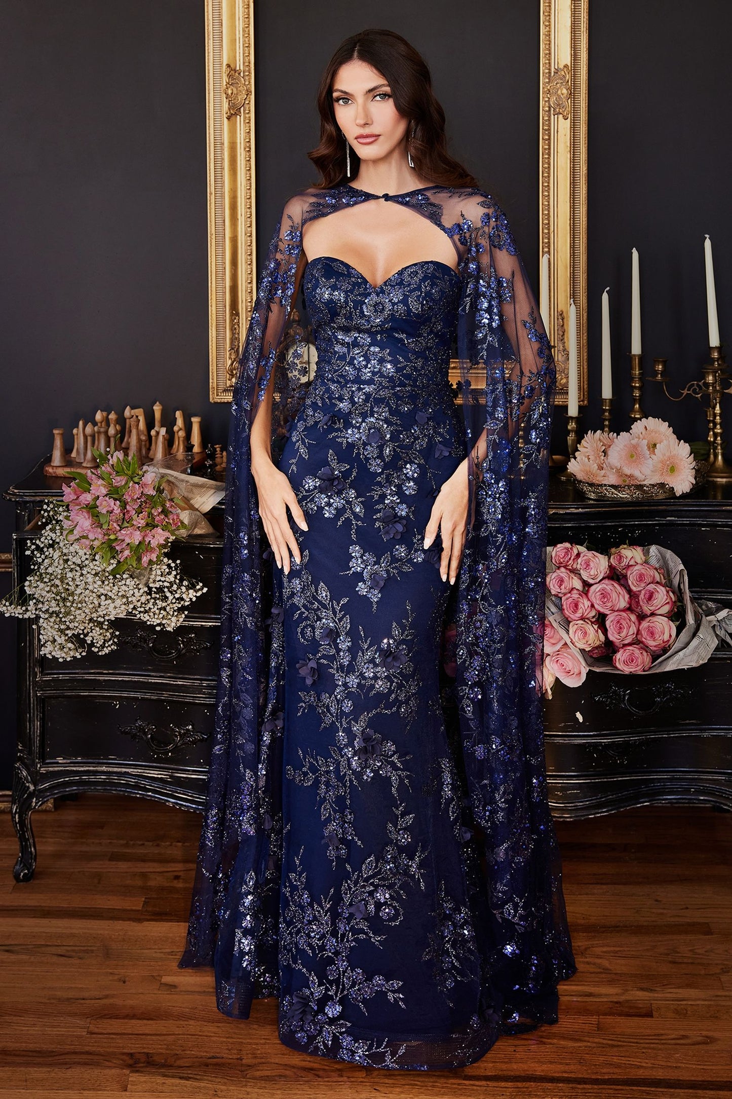 Strapless Fitted Gown With Lace Cape-0