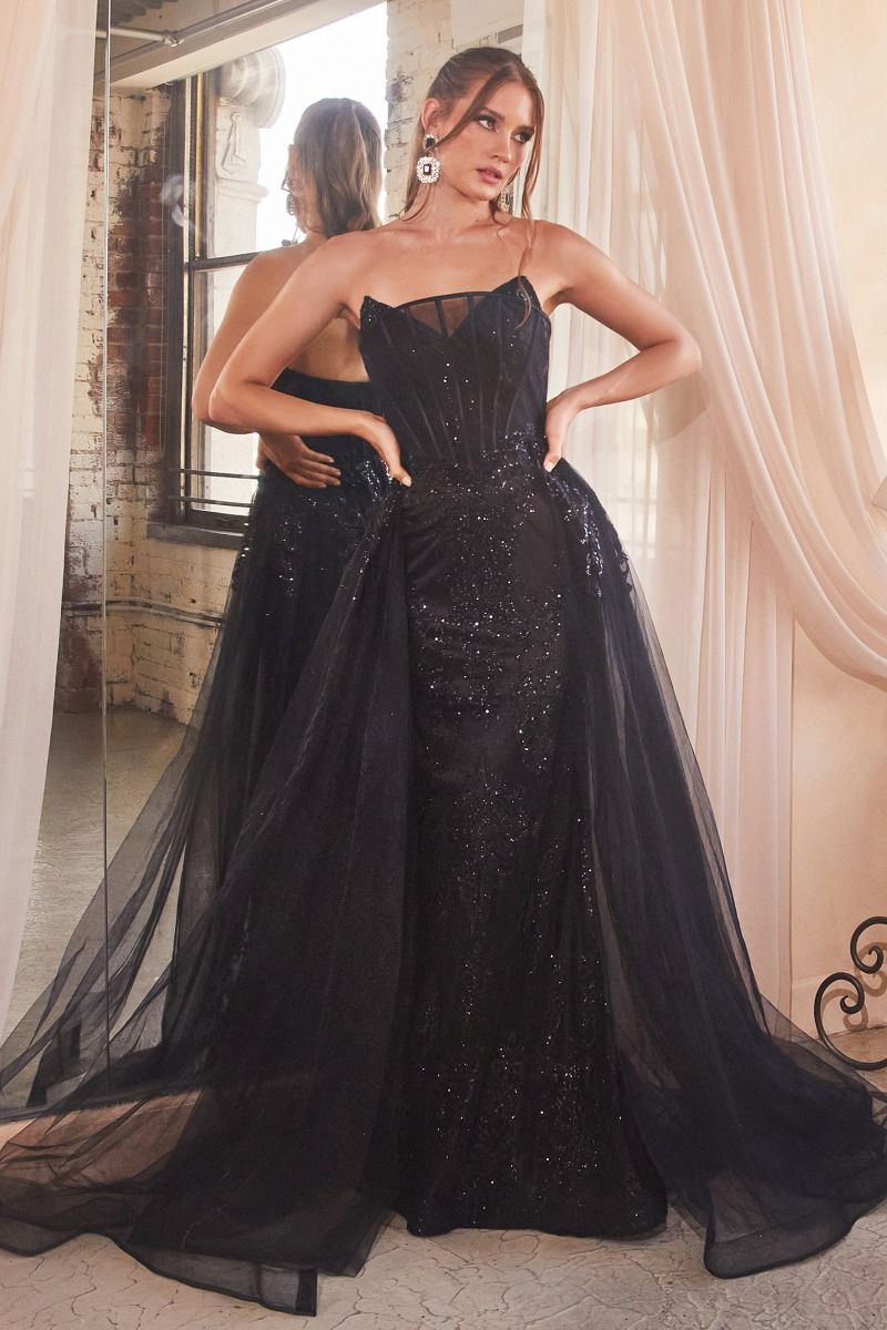 Strapless Glitter Gown With Removable Tulle Overskirt-7