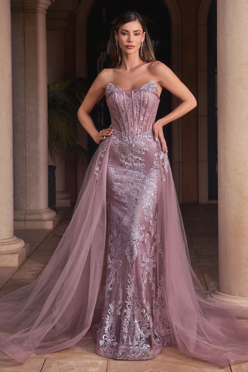 Strapless Glitter Gown With Removable Tulle Overskirt-0