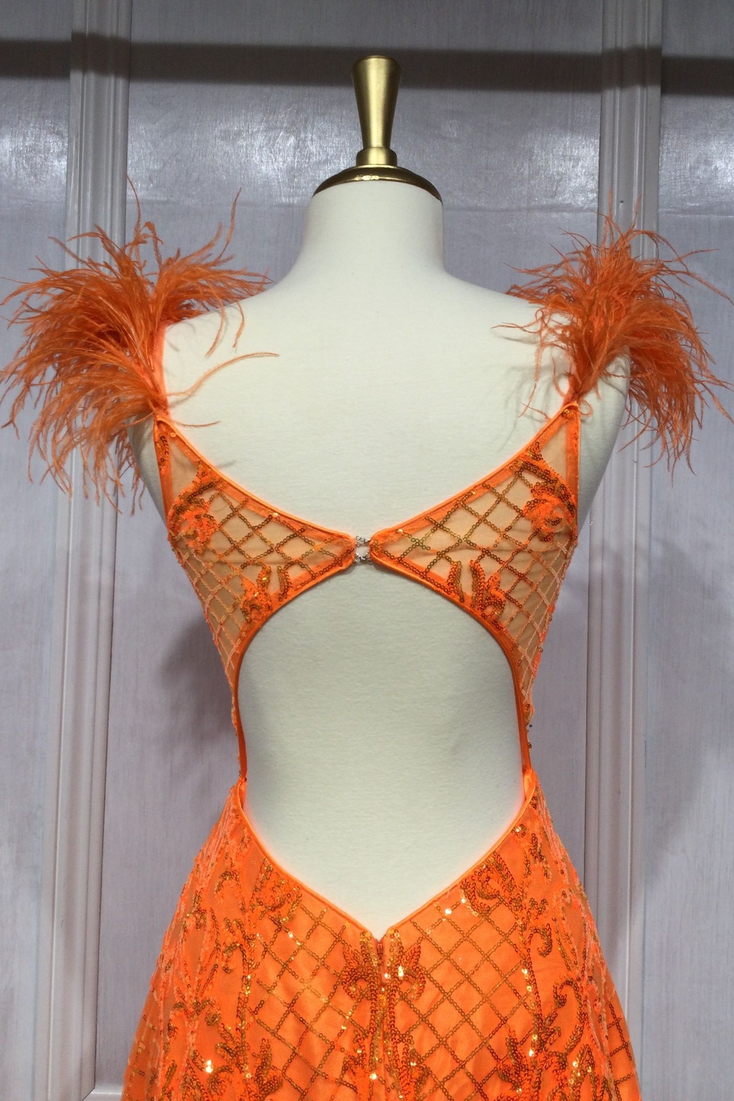 Neon Orange Ball Gown With Feathers-3