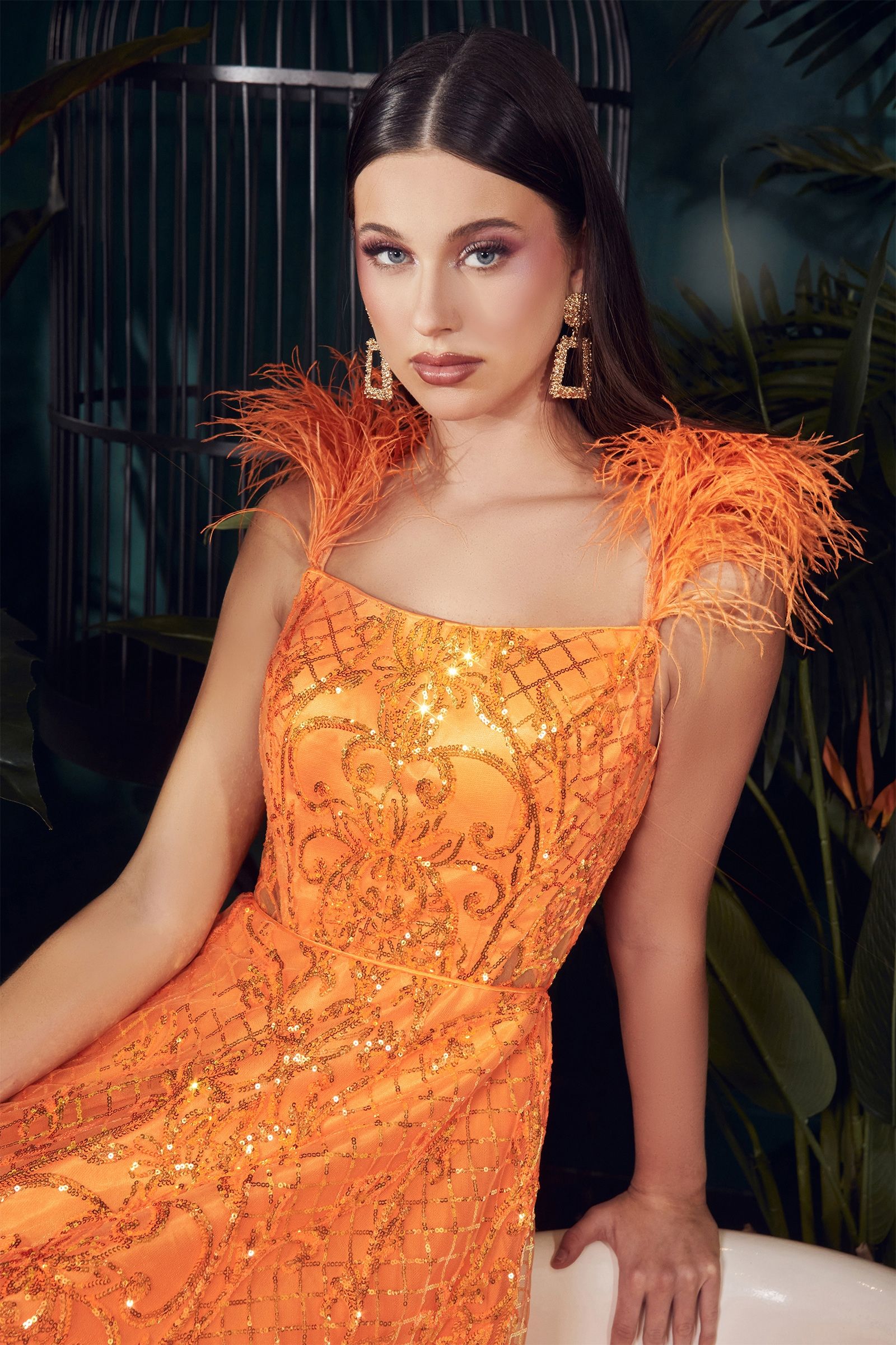 Neon Orange Ball Gown With Feathers-2