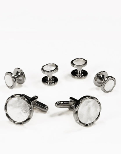 White Circular Mother of Pearl with Gold or Silver Diamond Cut Edge Studs and Cufflinks Set-1