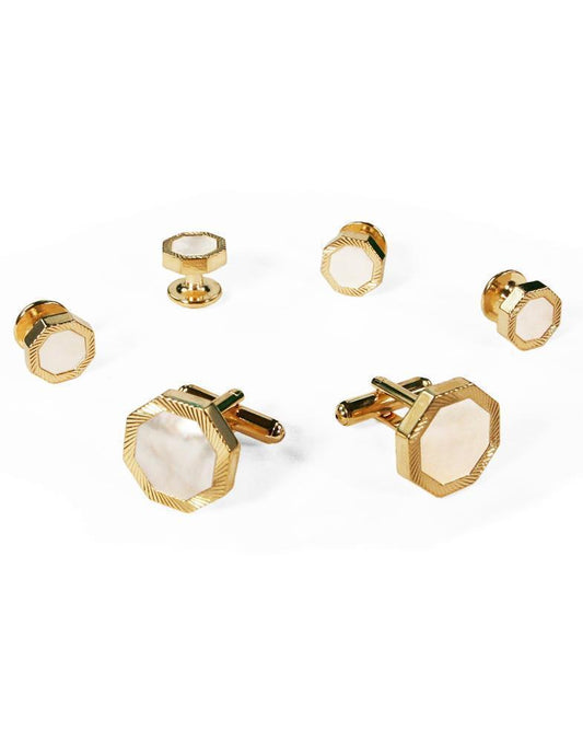 White Octagon Mother of Pearl with Gold or Silver  Edge Studs and Cufflinks Set-0