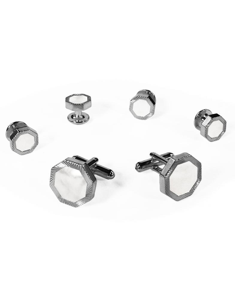 White Octagon Mother of Pearl with Gold or Silver  Edge Studs and Cufflinks Set-1